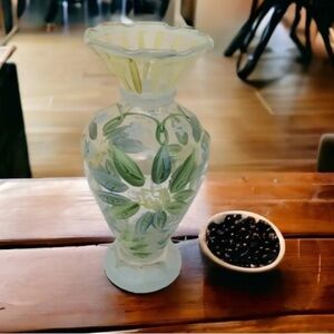 Glass hand painted With Flowers In Blues Green And Yellow Vase 6.5” Tall…